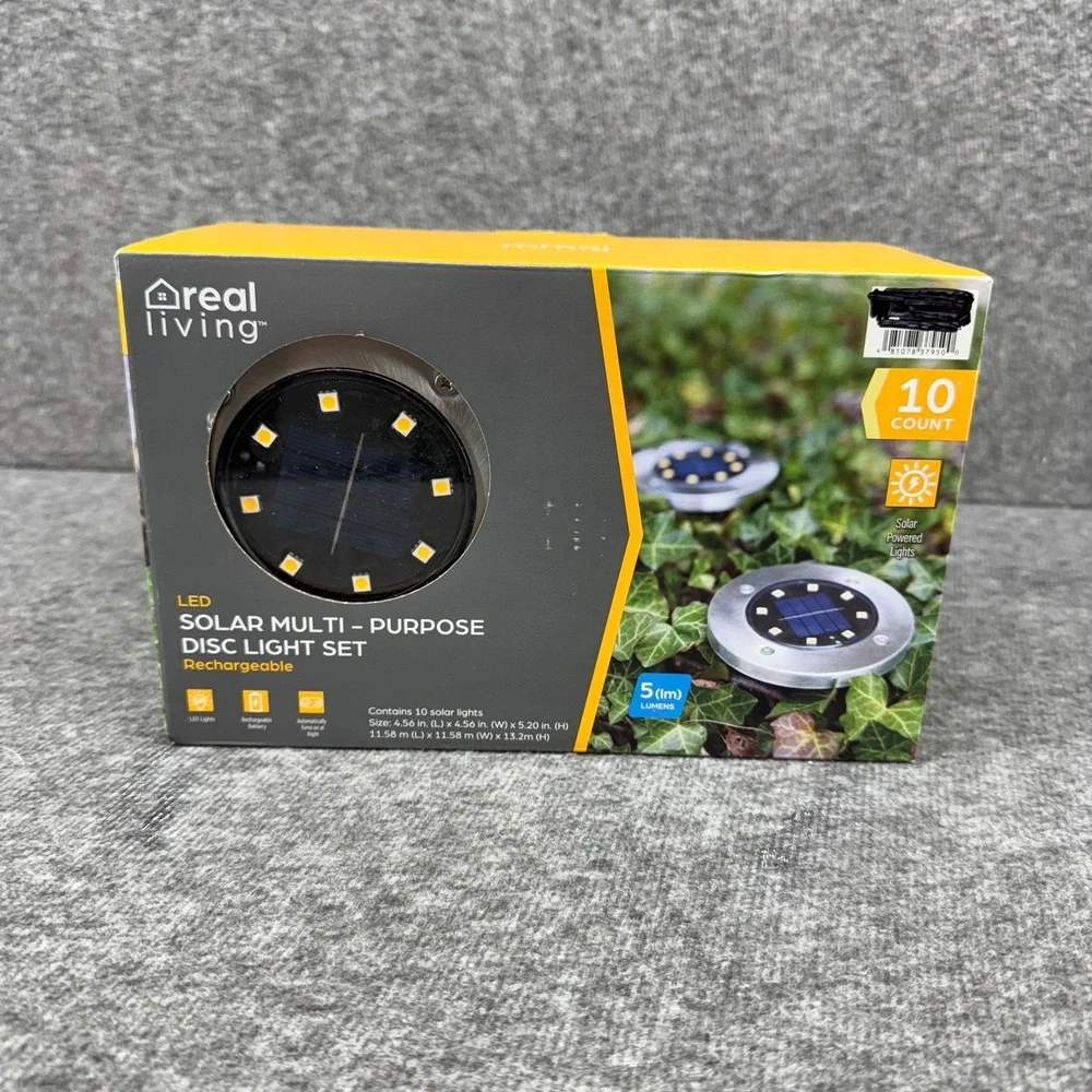 Real Living 10 Count LED Solar Powered Disc Lights Rechargeable‎ Outdoor Garden